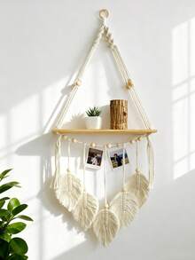 1 pieza Estantería de pared colgante tejida a mano con hojas, decoración bohemia, estante flotante de madera, adecuado para baño, dormitorio, sala de estar, sin clips incluidos - Multicolor - Ver 8