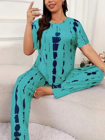 Ensemble de pyjama grande taille pour femmes - Imprimé abstrait bleu vibrant et noir, Top à manches courtes et pantalon large, mélange doux de polyester, vêtements d'intérieur décontractés, vêtements de nuit confortables Pyjamas à imprimé vibrant Pantalon en mélange de polyester