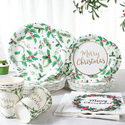 Conjunto de talheres descartáveis Holly Leaf Christmas Happy, pratos de papel descartáveis para festa de Natal de 7/9 polegadas, copos, pratos e guardanapos de papel descartáveis, adequado para 10/24 convidados, adequado para celebrações de feriados, decorações de Natal, especialmente adequado para eventos de Natal e artigos para festas.