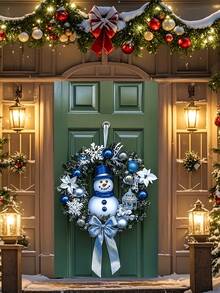 1 Stück blau-weiße Schneemann & Schneeflocke Weihnachtskranz, festlicher Weihnachtsstil künstlicher Grünkranz mit blauer Ornamentkugel & Schleifen-Detail, Türkranz Dekoration für Weihnachten Zuhause, Feiertags-Party Ornament, Winter Saison Dekoration