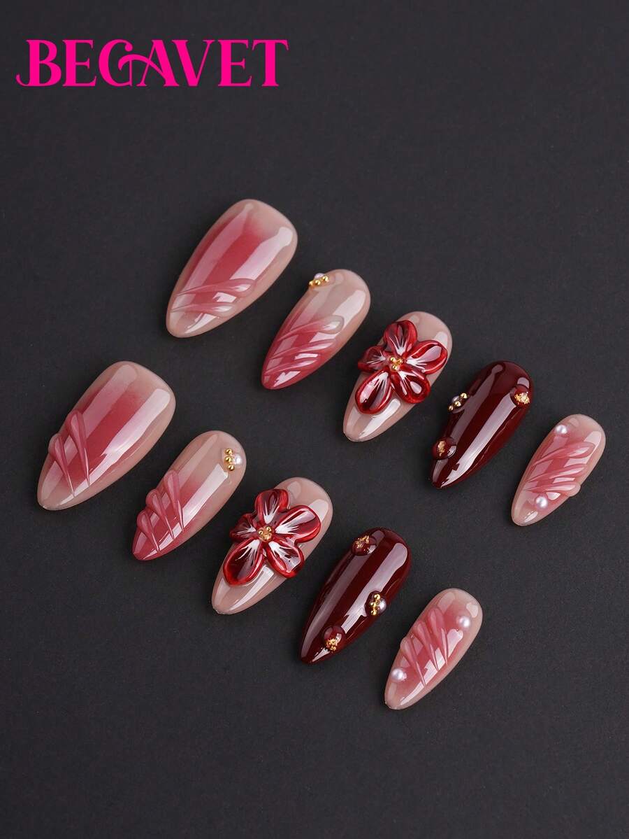 BEGAVET 10pcs Handmade Salon Quality Nail Art Fall&Winter Nails Press On Nails Red Nails 3D Carved Flower Long Almond Exclusive Design 3D Nails With 3D Charms, Suitable For Parties/Music Festival And Daily Wear - Redwood - View 1
