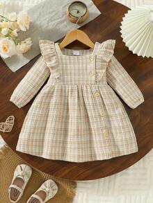 Girls' Clothing Autumn And Winter New Item, Woolen Contrasting Color Plaid Ruffle Edge Decorative Buckle A-Line Ladylike Style Dress - Màu be - Xem 1