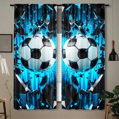 2pcs Modern Football Printed Semi-Sheer Curtains, Affordable Material, Rod Pocket Polyester Curtains, Suitable For Bedroom, Office, Living Room - Machine Washable, Easy To Install, Durable Home Decor, 90-100gsm Knitted Woven