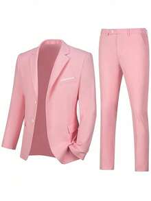 Men's Suits 2 Piece Blazer Pant Wedding Suit Set 2 Buttons Slim Fit Tuxedo Jacket For Men Prom Casual Business Pink - 粉色 - 查看 3