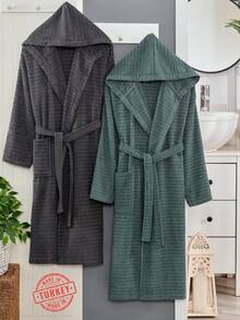 2-Piece 100% Cotton Unisex Bathrobe Set – Black & Green Color Options, Fluffy Hooded Robes For Women & Men, Terry Cloth, Soft With Long Belt – Ideal For Spa, Sauna & Daily Use – S/M & L/XL – Made In Turkey - 墨綠色 - 查看 13
