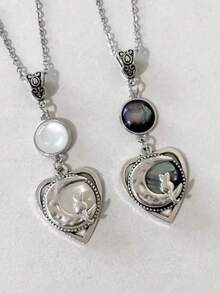 1pc Vintage Gothic Heart-Shaped Cat & Moon Pendant Necklace, Jewelry Gift Suitable For Women Everyday, Party, Travel
