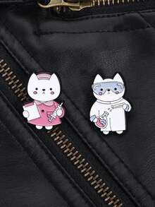 2Pcs Professional Cat Badges Scientist Nurse Theme Lab Coat Goggles Design Medical Uniform Syringe Style For Workplace Accessory ID Card Decoration Healthcare Gift Set - Pink - View 3