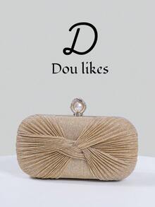 Elegant Champagne Pleated Woven Evening Clutch Bag, High-End Engagement Clutch Purse For Cheongsam Dress, With Metal Chain, Graceful Lady Party Clutch Suitable For Prom, Wedding, Graduation Dance, Formal Dinner/Banquet, Perfect Match For Women's Graduation Dance Dress, Graduation Dance Accessories, Sequin Dress, Shiny Dress, Women's Graceful Dress.