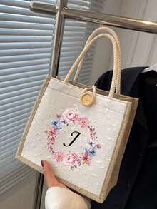 1个装 - 时尚简约字母印花手提袋，黑色牡丹花卉图案，A-Z字母，多功能便携教师手提袋，简约大容量青年旅行包，女士礼物，圣诞节和感恩节礼物袋，字母印花大容量女士手提袋，印花手提袋，可重复使用购物袋，适合日常使用、度假、通勤和旅行 - 彩色 - 查看 4