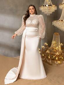 Plus Size Women's Elegant High Neck Mermaid Evening Gown, Featuring Pearl-Embellished Bell Sleeves And Sheer Mesh Backless Design, Luxurious Formal Dress With Striking Fish Tail Train, Suitable For Black Tie Galas, Wedding Guest Attire, Mother Of The Bride Dress, Red Carpet Events, And Formal Dinners. - Champagne - View 6