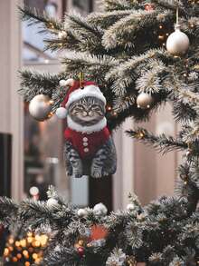 Ornement de Noël chat acrylique avec chapeau de Père Noël - Pendentif d'arbre thématique animal festif, décoration suspendue pour la maison, la voiture, les anniversaires, les fêtes, accessoire non électrique sans pile nécessaire - Multicolore - Voir 4