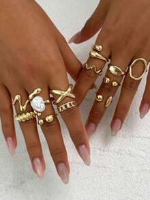 12pcs/Set Creative Fashion Multi-Element Metal Hollow Geometric Liquid Abstract Teardrop Design Open Rings, Vintage Bohemian Baroque Style Faux Pearl Decor Ring Set, Women Fashion Jewelry Set, Suitable For Daily Wear, Beach Vacation And Various Parties [Some Rings Are Open But Not Adjustable, Please Do Not Forcibly Bend Them Otherwise They Will Break, Sizes Are Marked] - Gold - View 2