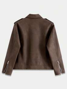 Women's Casual Vintage Diagonal-Zip Faux Leather (PU) Lapel Cropped Jacket For Autumn & Winter - Mocha Brown - View 3