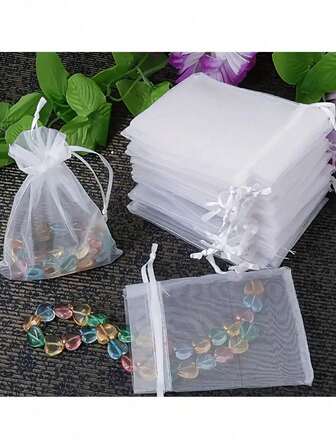 50pcs Organza Drawstring Transparent Gift Bags, Drawstring Bags, Jewelry Packaging Mesh Bags, Drawstring Closure, Suitable For Wedding Gift Bags, Party Gifts, Jewelry, Decorations, Holiday Birthday Supplies, Christmas, New Year Celebrations, Gift Packaging Bags And Other Holiday Packaging Supplies