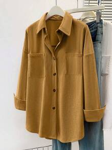 Áo sơ mi nữ bằng vải nhung kẻ có túi và cổ áo cài nút - Màu trơn, tay dài, thích hợp cho kỳ nghỉ thu/đông, du lịch, trang phục thường ngày, quần áo mùa thu nữ, áo sơ mi flannel nữ, thích hợp cho mùa thu/đông/xuân. - Màu vàng - Xem 5