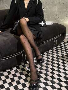 Polka Dot Print Tights - 黑色 - 查看 4