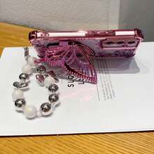 Butterfly 1 件极简主义支架手机壳，防震/TPU 硅胶软边豪华保护套带防尘孔，适用于三星 Galaxy S24 Ultra/S24 Plus/S24/S23 Ultra/S23 Plus/S23/S22 Ultra/S22 Plus/S22/S21 Ultra/S21 Plus/S21 FE/S23 FE/S20 Ultra/S20 Plus/S20 FE 和电镀 + TPU 硅胶软边全覆盖高端保护壳适用于 OPPO A5x/C1 2 3 4 5 6 7 8 9/9 8 7 6 5 4 3 2 1 和 OPPO A1 2 3 4 5 6 7 8 9 9 8 7 6 5 4 3 2 1 - 粉紅色+支架+鏈 - 查看 3