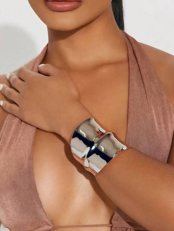 1pc Exaggerated Geometric Asymmetrical Curve Smooth Bangle, Liquid Wrinkle Texture Metal Wrinkle Bracelet, Personalized Versatile Alloy Cuff, Thick Bracelet For Women, Silver Wide Wrist Stacking Fashion, Statement Cuff Bracelet, Fashionable Jewelry Gift Accessory, Women Silver Bracelet, Accessory