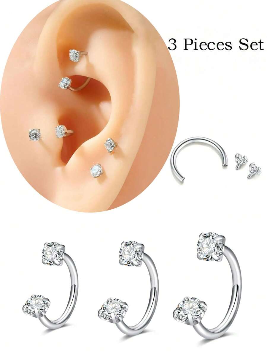 3件套闪亮立方氧化锆马蹄形和球形耳钉，女士/女孩优雅闪亮C形耳环，透明立方氧化锆镶嵌鼻环/唇环，珠宝礼品，6/8/10毫米 - Silver-1# - 查看 1