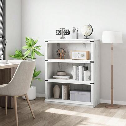 Librero Rústico 3 Niveles 39.9", Estantería de Madera con Almacenaje, Repisa de Exhibición para Oficina, Sala o Recámara, Blanco