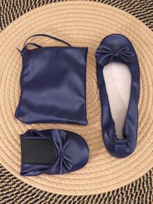 女士轻便赤足休闲柔软百搭经典芭蕾平底鞋，可折叠一脚蹬，适合室内穿着，女士平底凉鞋，女士家居拖鞋 - 藍色 - 查看 7