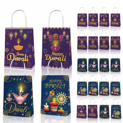6 pièces Sacs cadeaux en papier pour Diwali, sacs réutilisables pour cadeaux de retour pour les fêtes de Pooja avec poignées, sacs à bonbons pour les lumières du festival, convenant pour les célébrations de Deepawali
