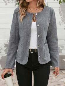 Womens Open Front Crop Jacket Solid Color Long Sleeve Round Neck Button Down Coat With Pockets - Grey - View 6