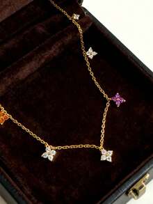 Newsoul 1件优雅锆石流苏项链，S925纯银流苏项链，精致珠宝礼品，适合女性，适合派对、婚礼、日常佩戴 - 彩色四葉草1 - 查看 8