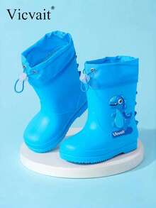 Cartoon Kids Rain Boots, Girls Mid-Calf Rain Shoes, Boys Waterproof Rubber Boots - Mint Blue - View 1