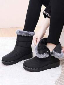 36-45 Size Outdoor Thermal Lined Thick Snow Boots For Women, Mid-Calf Round Toe Flat Heel Plus Size Waterproof Anti- High-Top Boots, Cold-Resistant, Middle-Aged Boots, Black - 黑色 - 查看 4