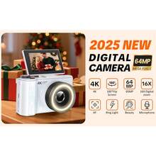 W&O Cámara digital para fotografía, cámara 4K con luz de anillo, pantalla abatible de 180° para vlogging con modo belleza, cámara compacta para principiantes con tarjeta SD, regalo de Navidad - Blanco - Ver 8