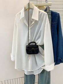 Elegant Women's Long Sleeve Button Up Shirt Blouse In Semi-Sheer White Polyester Featuring A Stylish Shirt Collar