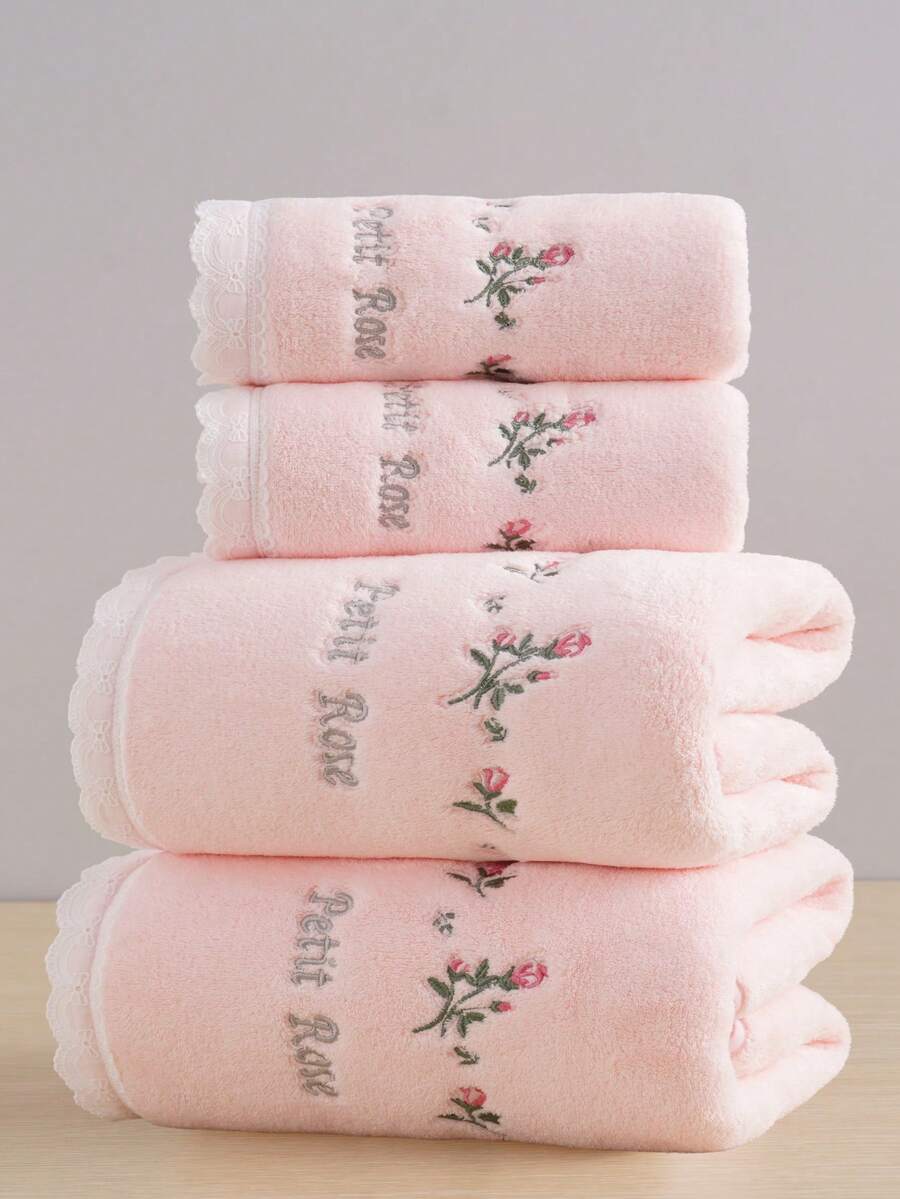 4/3/2/1 件珊瑚绒绣花玫瑰浴巾/浴巾，田园浪漫风格，吸水柔软蕾丝毛巾或浴巾，舒适的家居浴室装饰，美容院礼品浴巾，酒店运动，家居必需品，毛巾，护肤品