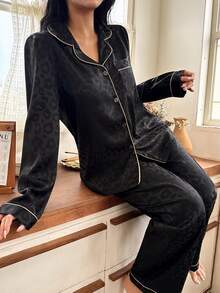 黑色豹纹提花女士长袖上衣和裤子睡衣套装，秋冬服装