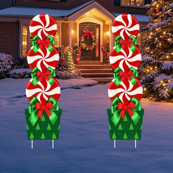 2 Peças Decorações Natalinas Planas 2D Doces Vermelhos e Verdes com Laço, Placas de Jardim com Estacas de Plástico, Adequadas para Decoração de Gramado e Pátio