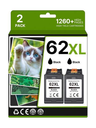 62XL Ink Cartridges Black Replacement For  Ink 62XL  62XL Cartridge Work With  OfficeJet Mobile 200 250 OfficeJet 8040 5040 Envy 5540 5660 7640 5643 7643 Printer(2 Pack),23715407