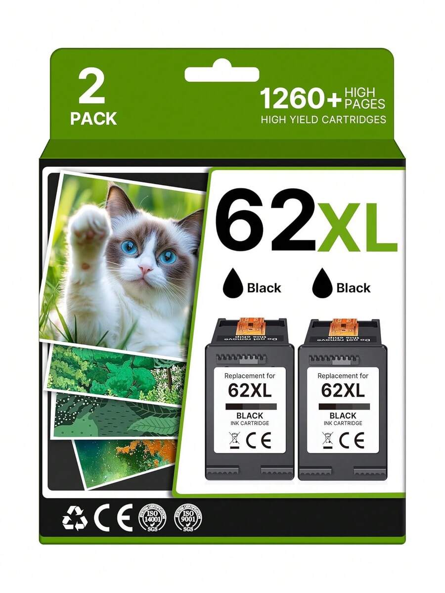 62XL Ink Cartridges Black Replacement For  Ink 62XL  62XL Cartridge Work With  OfficeJet Mobile 200 250 OfficeJet 8040 5040 Envy 5540 5660 7640 5643 7643 Printer(2 Pack),23715407 - Black - View 1