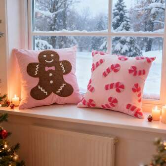 1 pieza Funda de almohada bordada con diseño de hombre de jengibre y bastón de caramelo navideño, funda de cojín decorativa navideña para el hogar para el dormitorio