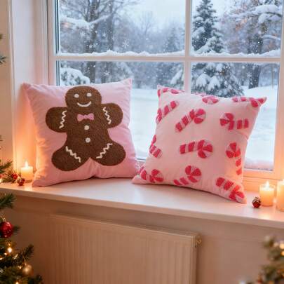 1pc Christmas Candy Cane Gingerbread Man Embroidered Pillow Cover, Christmas Holiday Home Decor Cushion Cover For Bedroom Throw Pillow