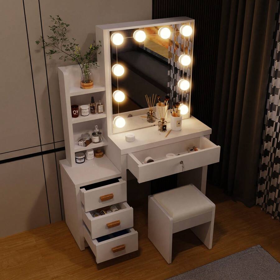 OYAJIA Dressing Table With Stool And 3-Color LED Lighting With Adjustable Brightness, Vanity Table With Mirror For Makeup, Cosmetic Table With 4 Open Shelves, 4 Drawers, Modern, Hidden Storage Space, White - White - View 1