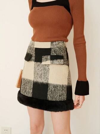 Falda corta elegante de mujer con parches de cuadros y peluda, para otoño/invierno