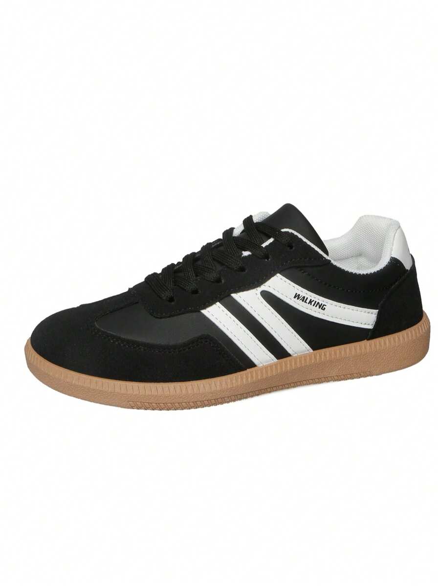 女士多功能撞色纯色学院风休闲鞋,平底防滑系带圆头橡胶底休闲运动鞋,黑卡其色撞色设计,适合日常穿着,休闲鞋,尺码36-41,时尚 - 黑色 - 查看 1