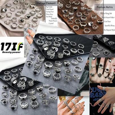 17IF 2635 Pcs Vintage Silver Knuckle Rings Set For Women Men Grunge Gothic Rings Chunky Aesthetic Snake Stackable Adjustable Punk Bulky Finger Alt Fairy Skull Frog Heart Star Flower Midi Ring Pack