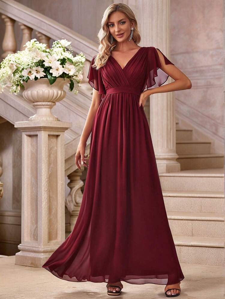 Ruffle Slit Sleeve Chiffon Burgundy Bridesmaid Dress, Wedding Guest Dress, Semi-Formal Dress Spring Elegant