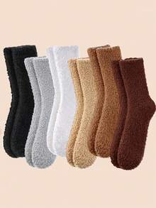6 Pairs Kids' Solid Color Half Fleece Warm House Slippers Casual Mid-Calf Socks, Autumn/Winter