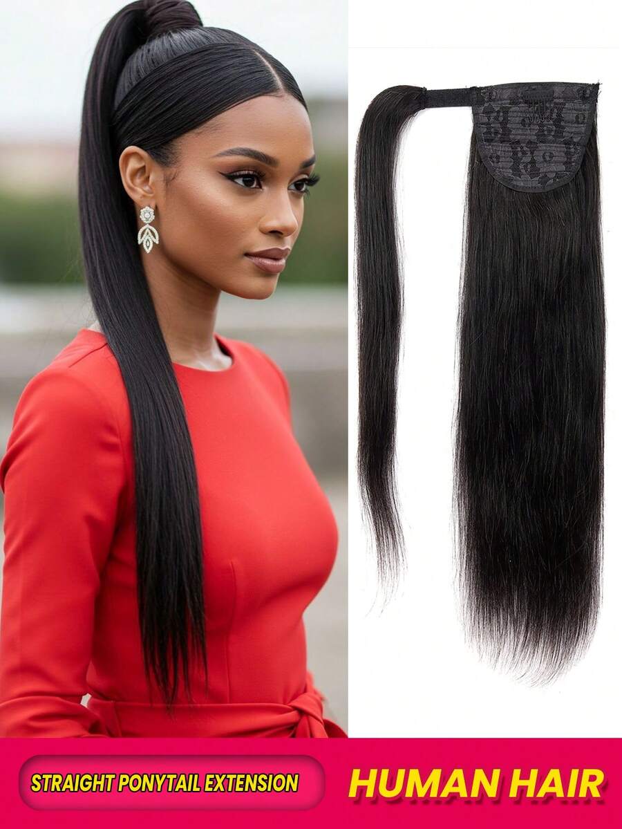 Straight Human Hair Wrap Around Ponytail Extensions Natural Black Ponytail 12-26 Inches Long Straight Clip In Human Hair Ponytail Extension For Women Daily Use