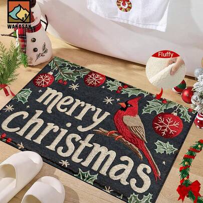 1pc/2pcs Merry Christmas Cardinal With Snowflakes Pattern Bathroom Anti-Slip Mat, Faux Cashmere Material, Plush Decoration Suitable For Bathrooms, Doorways, Kitchens & Festive Decorations, Machine Washable, Gift Idea