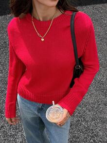Women's New Autumn And Winter Back To School Sweater Casual Solid Color Simple Daily Short Style Round Neck Long-Sleeved Sweater