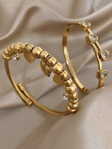 18K Gold Plated Stainless Steel Luxury Elegant Heart & Diamond Accent Bangle Bracelet Set For Women, Sweet Romantic Jewelry Mom Gift Christmas Thanksgiving Halloween Wedding Rave/Prom/Party/Daily Accessories Gift For Anniversary Valentine's Day Boho Jewelry Birthday Bridesmaid Gifts