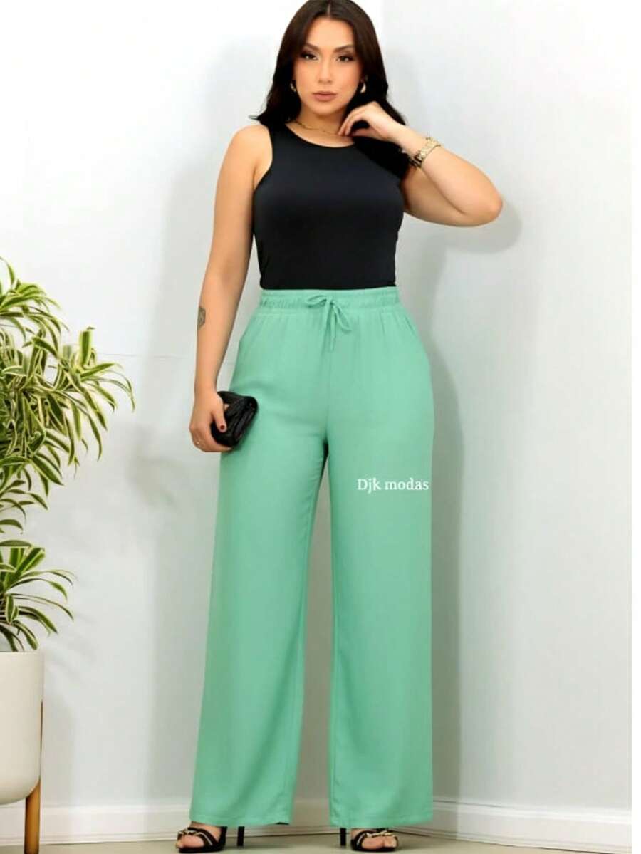 DUNA Fabric Pants With Lining, Pocket And Elastic Waist - Mint Green - View 1